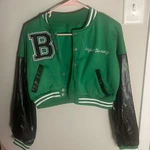 Green and black cropped varsity jacket